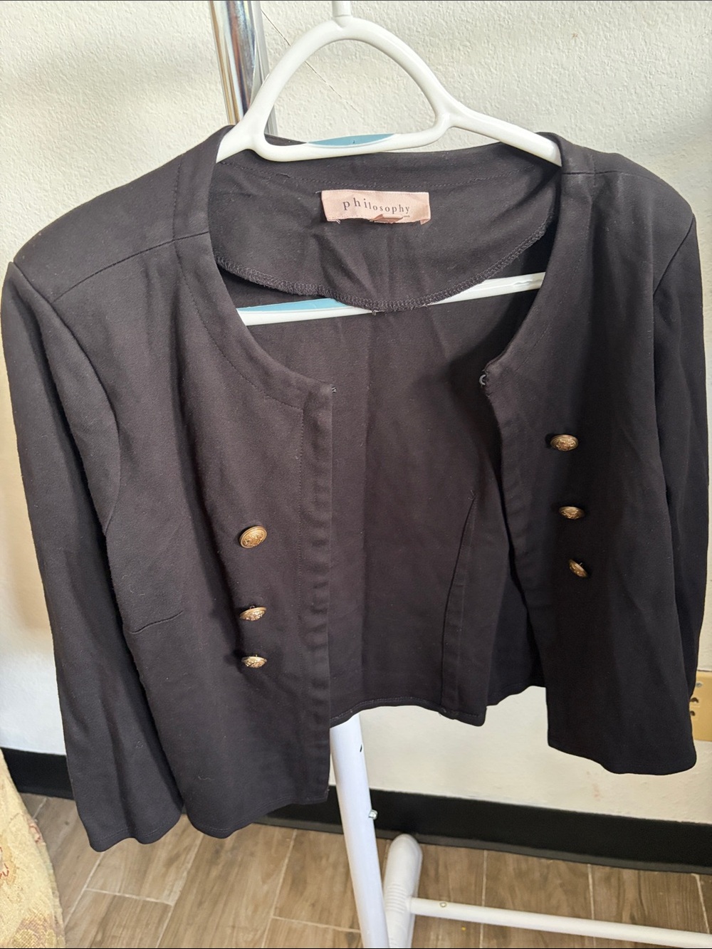 Philosophy Black Collarless Cropped Jacket with Gold Buttons